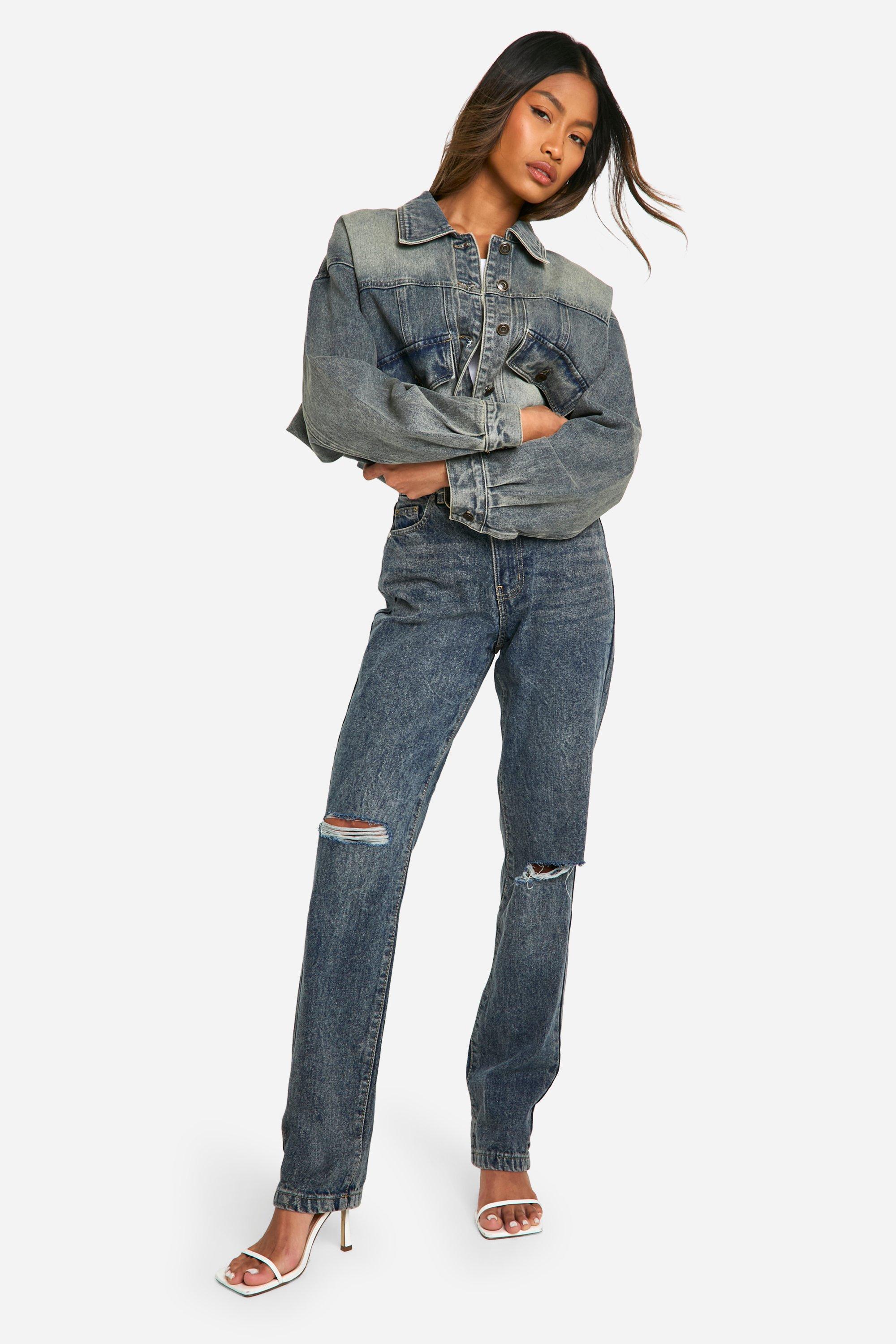 Jean droit basique taille haute dechire boohoo FR